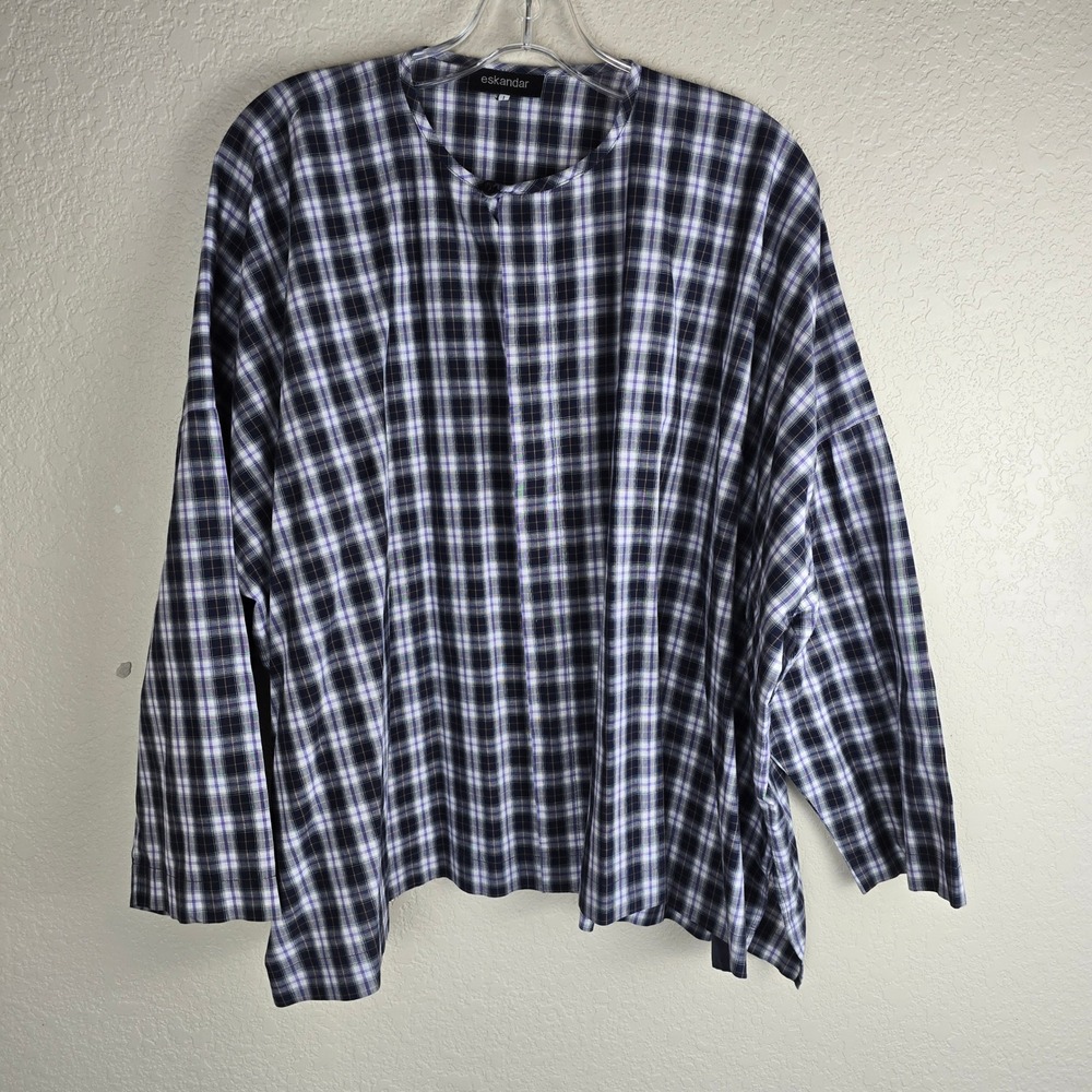 Eskandar Made in England Size 1 Navy Plaid Fine Lawn Cotton Oversized Boxy Top
